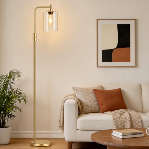 【Upgraded】 Dimmable Floor Lamp for Living Room with Seeded Glass Lampshade, Gold Modern Glass Floor Lamp with 900LM LED Bulb Included, Arc Standing Tall Lamp for Bedroom, Office, Reading Room, Corner by Yemela