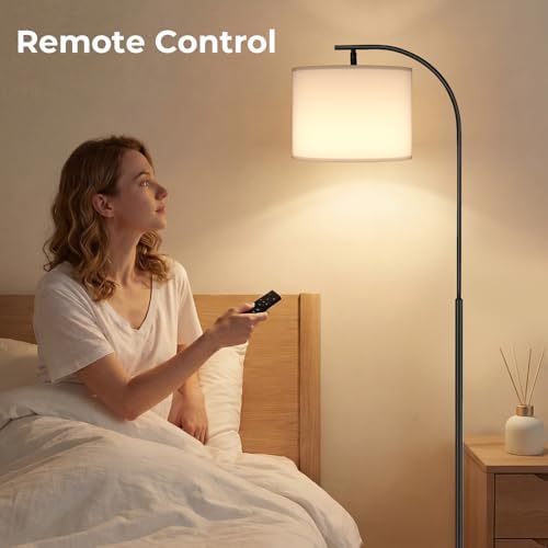 SIBRILLE Floor Lamp with Linen Shade, Arc Dimmable Tall Standing Lamp with Remote Control, Modern Floor Reading Light for Living Room Bedroom Office Corner, 9W LED Bulb Included - Image 3