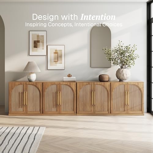 BELLEZE Set of 2 65" Sideboard Cabinet with Double-Arc Wood Doors, Large Buffet Cabinet with Storage and Adjustable Shelves, Classic Modern Console Sideboard for Living Room Kitchen Entryway (Camel) - Image 4