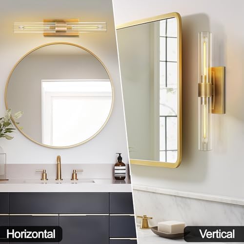 Brass Vanity Light Hardwired, 2-Light Bathroom Wall Sconce Over Mirror, 22.8" Gold Vanity Lights for Bathroom, Dimmable Wall Sconce with Glass Tube, Linear Wall Sconces vertical & horizontal, 1 PC - Image 3