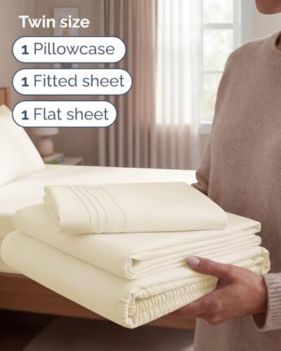 Twin Size 3 Piece Sheet Set - Comfy Breathable & Cooling Sheets - Off White - Image 3