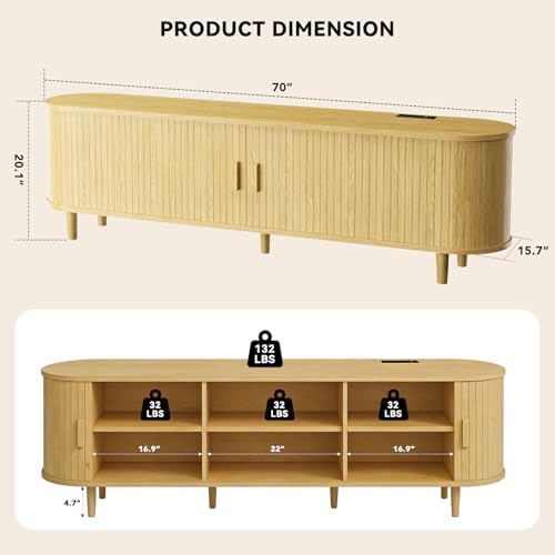 70" Mid Century Modern TV Stand with Power Outlet, Fluted Entertainment Center with Storage and Adjustable Shelves, Wood TV Console with Sliding Doors for Living Room, Oak - Image 3