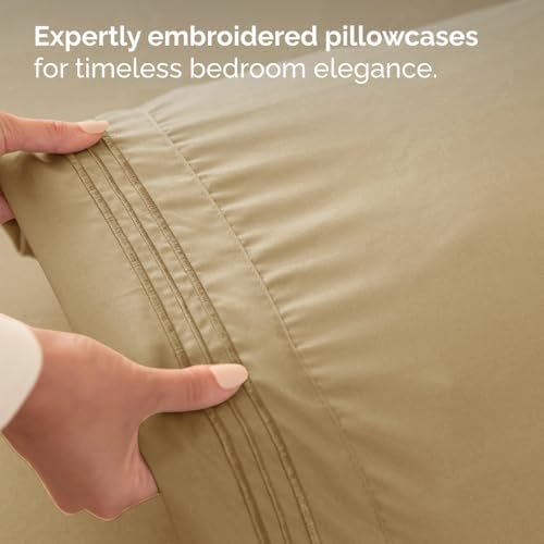 Split King Size 5 Piece Sheet Set - Breathable & Cooling Sheets - Beige - Image 6