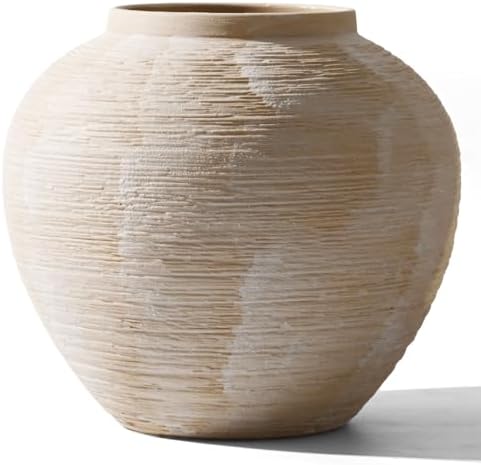 Rustic Ceramic Vintage Farmhouse Vase for Decor (Large Ribbed Whitewash) by RusticFarmhouseVaseforHome