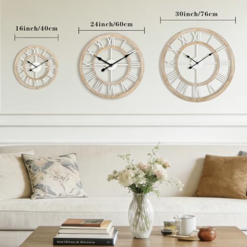 30 Inch Oversized Rustic Wall Clock Silent Non-Ticking Wooden Wall Clocks with Roman Numerals Farmhouse Decorative Clock for Living Room Bedroom Office (Light Lvory) - Image 3