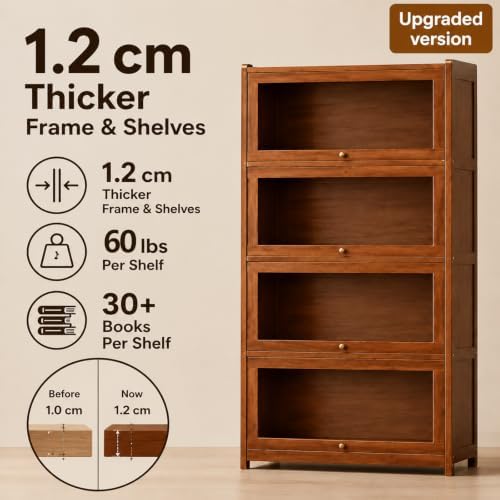 55" Bamboo Bookcases,Book Shelfs with Acrylic Doors,Freestanding Display Storage Shelves for Collectibles,4 Tier Tall Bookshelfs & Bookcases for Living Room Bedroom Home Office - Image 3