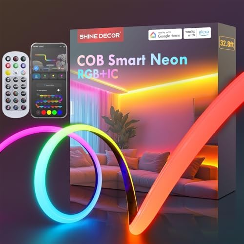 Shine Decor COB RGB+IC LED Neon Rope Light, 24V Color Changing Rope Light Compatible with Alexa, Google Assistant, Waterproof Neon Light Strip with Remote for Bedroom Gaming Room Party, 13x6mm, 32.8FT by ShineDecor