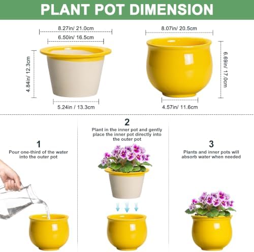 8 Inch SelfWatering Plant Pots, Ceramic Flower Pots, Yellow - Image 2