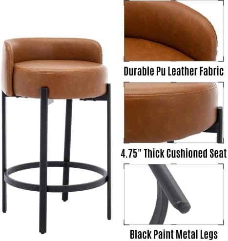 LukeAlon Modern PU Leather Counter Height Stools Set of 4, Upholstered 26" Seat Height Barstools with Black Metal Legs Round Low Back Kitchen Stools with Footrest for Dining Room Small Places, Brown - Image 4