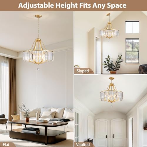 6-Light Crystal Gold Chandeliers for Dining Room 22 Inch Modern Farmhouse Chandelier Large Pendant Lighting Fixture Round Hanging Lamp for Living Room Kitchen Island Hallway Bedroom Foyer Hall - Image 3
