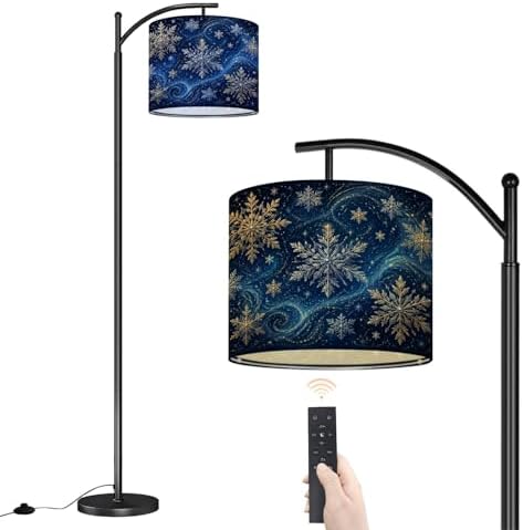 Arc Floor Lamp Golden Snowflakes Blue Winter Sky Swirling Patterns Dimmable Modern Standing Lamp with Remote Adjustable Drum Shade Footswitch Tall Pole Lamp for Living Room Bedroom by DERUINVAIO
