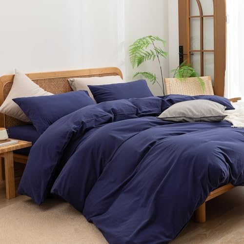 BESTOUCH Cotton Solid Duvet Cover Set Linen Feel Navy Blue Super King Plus - Image 5
