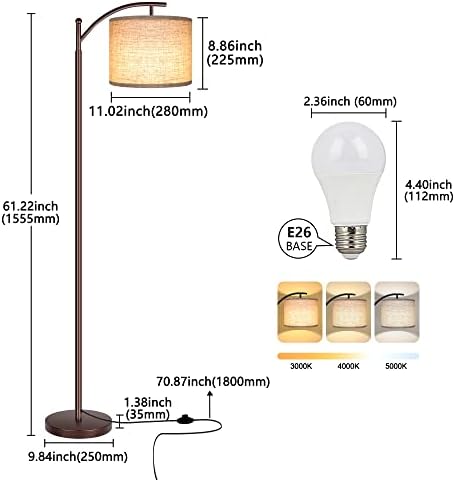 Floor Lamp for Living Room, LED Standing Lamp Tall Industrial Floor Lamp Reading for Bedroom, Office (9W LED Bulb, Beige Lampshade Included) -Oil-Rubbed Bronze - Image 4