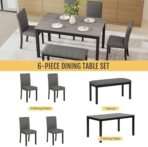 Zevemomo 6-Piece Solid Wood Dining Table Set, Wooden Legs, Dark Grey - Image 4