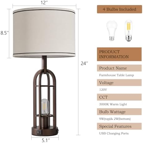 SRJJA 24" Farmhouse Table Lamps for Living Room Bedroom Set of 2, USB A+C - Image 6