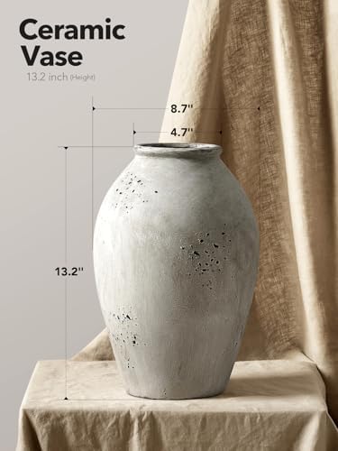 LE TAUCI Ceramic Flower Vase, 13.2 Inch Large Wabi-Sabi Vase, Tall Floor Vase for Home Decor, Living Room Table & Mantel Centerpiece, Watertight & Sturdy, Weathered Stone Greige - Image 2