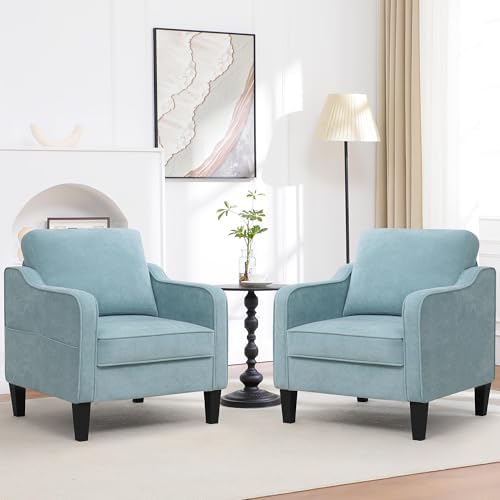 Accent Chairs Set of 2, Upholstered Living Room Chairs with Side Pockets, Mid Century Modern Reading Chair for Bedroom, Comfy Armchair Single Sofa Side Chair for Office, Small Room, Teal Green by choairy