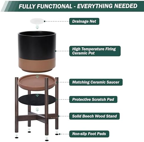 D'vine Dev Ceramic Pot with Walnut Wood Stand, Black/Tan, 14 in, 55-B-T-7 - Image 5