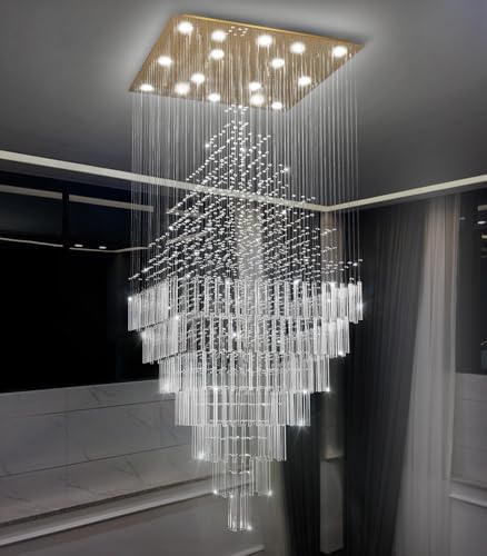 HAIXIANG W40 x H120 Glam Chandelier with LED Bulbs Square Chandeliers, Crystal Raindrop High Ceiling Pendant Light for Entrance Large Villa Foyer Lighting Fixtures Gold - Image 3