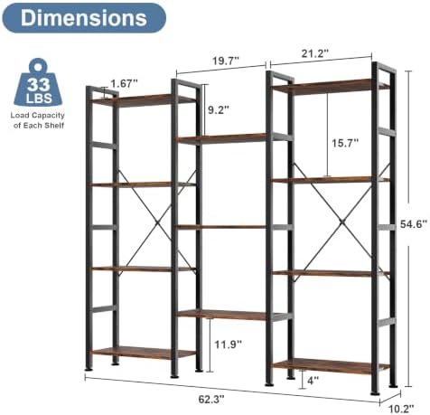 DUMOS Triple Column 4 Tier Bookshelf, Wide Industrial Bookcase, Brown - Image 2