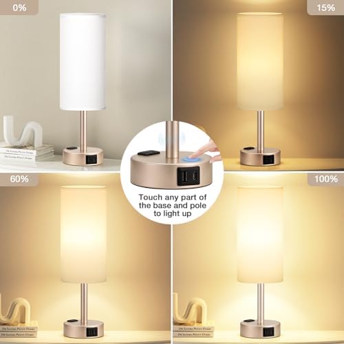 Antique White Bedside Table Lamp, Dimmable Touch Lamp, USB A+C, AC Outlet - Image 4