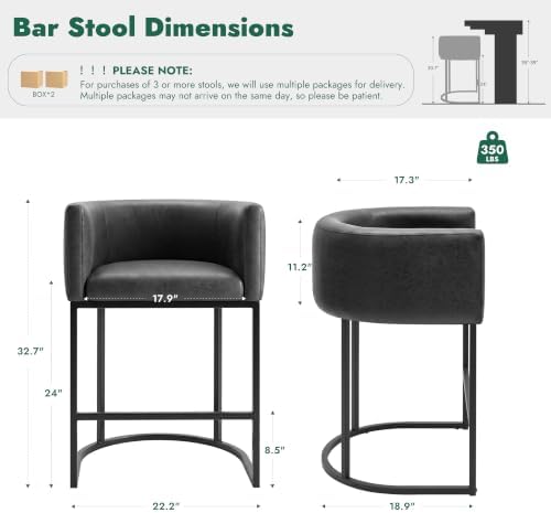 Counter Height Bar Stools Set of 4, Modern Counter Stools for Dining Room, 24 Inch Barstools for Kitchen Island, Faux Leather Bar Stool with Metal Legs and Back Footrest, Black - Image 2