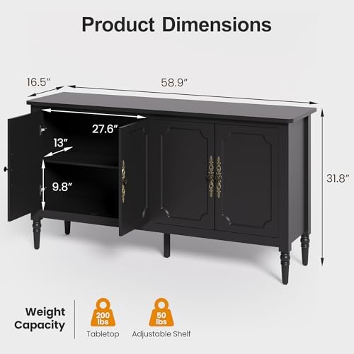 RoyalCraft Buffet Cabinet with Storage, 59" Vintage Sideboard with Adjustable Shelves, Mid Century Modern Painted Credenza Coffee Bar for Kitchen, Dining Room, Entryway, Living Room, Satin Black - Image 2