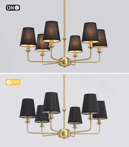 6-Light Brushed Gold Chandelier with Black Fabric Shades, Modern Brushed Brass Chandelier Light Fixture, E12 Base Hanging Pendant Light for Dining Room Living Room Bedroom Kitchen Island Foyer - Image 5