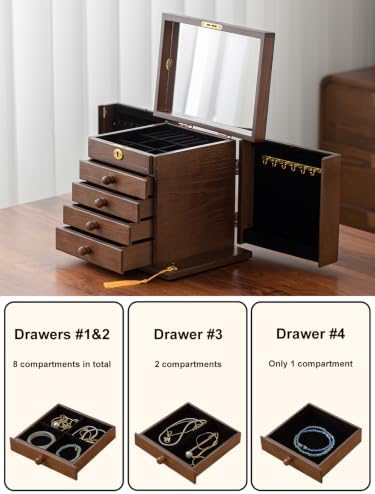 Changsuo Wooden Jewelry Box for Women, Organizer Box of Solid Wood with Lock and Key for Jewelries, Watches, Necklace, Ring, Lockable Storage Case (Rustic Brown) - Image 5