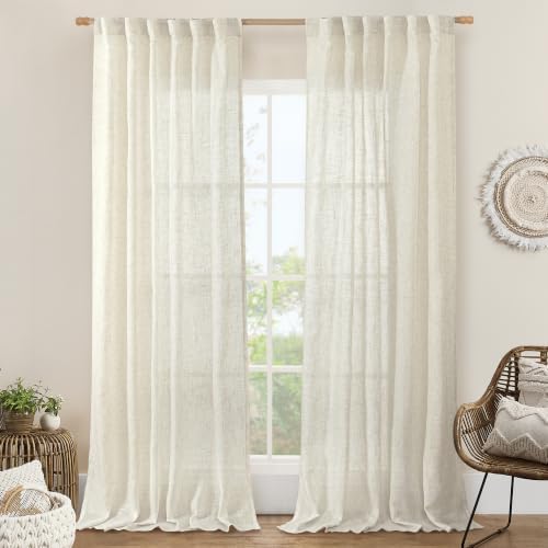 LAMIT Natural Semi Sheer Linen Curtains 92 Inch, Light Filtering Panels by LAMIT