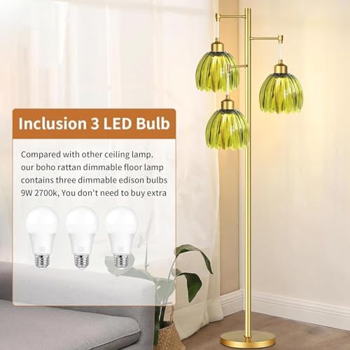 Vintage Floor Lamps for Living Room-3 Light Gold Floor Lamp with Three Bulbs & Glass Lampshape,Glass Mid Century Modern Standing Lamp Tree Tall Flower Floor Lamp for Bedroom Living Room,Corner - Image 3