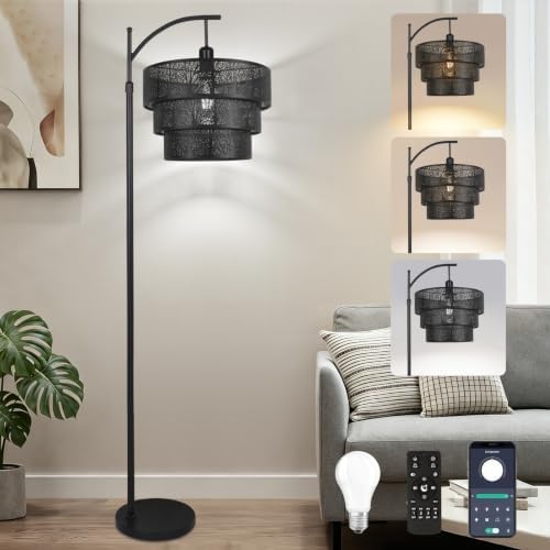 AHDWDW Arc Floor Lamp for Living Room Bedroom,Mid-Century Modern Floor Lamps with Remote,Black Dimmable Standing Tall Lamp for Corner Office,3-Tier Drum Metal Lampshade with Forest Tree Design by EnjoyingABetterLife