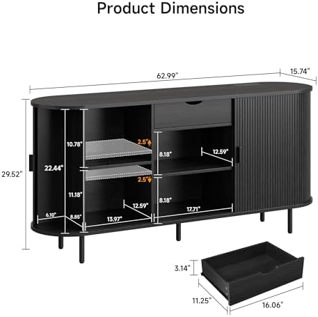 ONBRILL 63" Sideboard Buffet Cabinet with Storage Drawer & Shelves,Black - Image 2