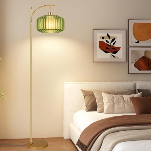 Arc Floor Lamp For Living Room,Bedroom,Gold Vintage Remote Dimmable Standing Lamps With Green Drum Glass&Fabric Shade,LED Tall Floor Light For Office,Modern Boho Farmhouse Cute Corner MCM Lamp - Image 7