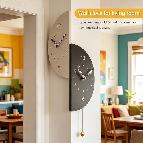 Semicircular Double Sided Corner Wall Clock with Pendulum, Silent Quartz Movement Battery Operated Vintage Boho Farmhouse Decorative Clock for Living Room Bedroom Kitchen Office Gym, Black & White - Image 7