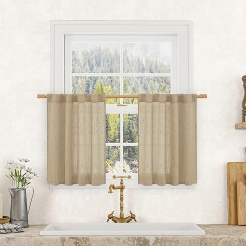 LAMIT Short Linen Curtains 24 Inch Length for Kitchen Windows Over Sink by LAMIT