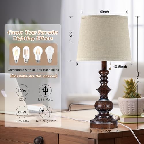 Drawealth Vintage Bedside Table Lamps Set of 2 for Bedroom Nightstand Lamps with USB Charging Ports Rustic Farmhouse Small Table Lamp for Living Room End Tables Brown Wooden Finish, Pull Chain - Image 5