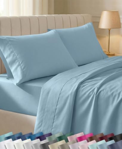California Design Den Soft 100% Cotton Cal King Sheet Set, 400 TC Good Housekeeping Award Winner, Silky Smooth Sateen Weave with Deep Pockets, Breathable and Durable Cotton Bedding Set - Sky Blue by CaliforniaDesignDen