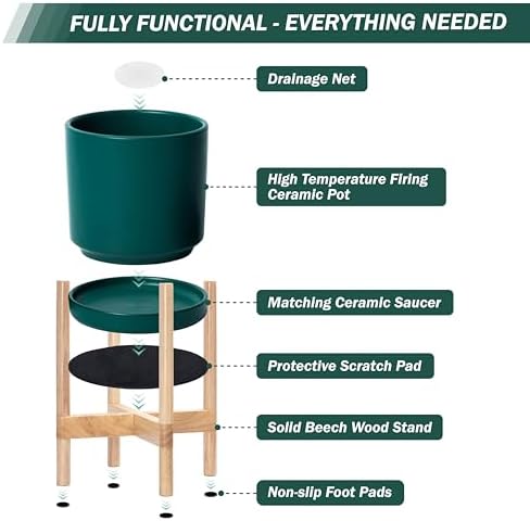 D'vine Dev Ceramic Pot with Natural Wood Stand, Teal, 8 in, 55-B-N-4 - Image 5
