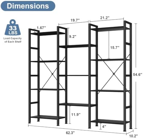 DUMOS Triple Column 4 Tier Bookshelf, Wide Industrial Bookcase, Black - Image 2
