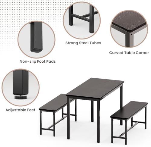 Dining Table Set for 4, 3 Piece Dining Room Table Set for Space-Saving, Modern Kitchen Table with 2 Benchs for Apartment Breakfast Nook and Samll Space, Black - Image 4