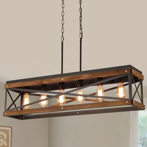 Rustic Farmhouse Wood Kitchen Island Lighting, 6 Lights Rectangular Pendant Light Fixture, Adjustable Chain Oak Wood and Metal Linear Chandelier for Dining Room Kitchen Island Farmhouse, Black by Unknown