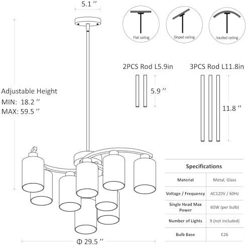 CNRATYE 9-Light Gold Glass Chandelier, Adjustable Height Dining Room Light Fixtures Over Table, Contemporary Hanging Chandelier for Kitchen Island Living Room Foyer Office, Clear Glass Shade - Image 6
