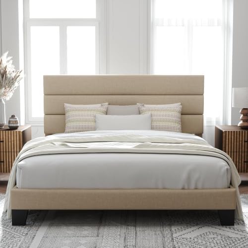 Allewie Cal King Size Platform Bed Frame with Fabric Upholstered Headboard by Allewie