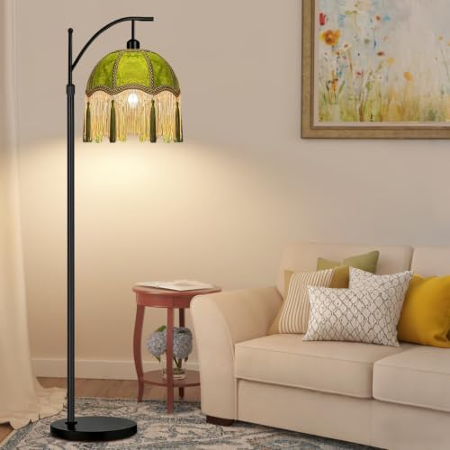 Arc Floor Lamp for Living Room,Bedroom,Standing Lamp with Remote Dimmable,Green Mid Century Black Tall Lamp Boho Vintage Retro Fringe Tassel Flower Velvet Unique Lamp Victorian Tiffany Decor - Image 7