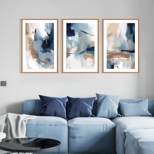 LHIUEM Large Abstract Navy Blue Framed Canvas Wall Art,Neutral Brush Stroke Wall Decor,Modern Pastel Brown Wall Painting,Minimalist Shapes Artwork for Living Room,Bedroom,Office- 24"x36"x3 - Image 3