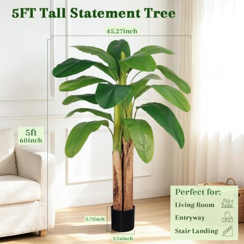 5ft Artificial Banana Tree Real Bark Trunk Faux Banana Leaf Tree - Image 4