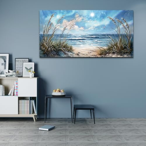 hyidecorart Large Wall Art For Living Room Wall Decor For Bedroom Sunshine Ocean Scenery Painting Blue Sea Waves Wall Pictures Office Modern Canvas Prints Artwork Aesthetic Home Decoration 48"X 24" - Image 4