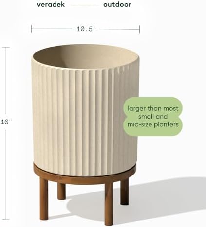 Veradek Demi Series Round Planter w/ Stand for Porch/Patio | Durable Plastic-Concrete & Wooden Stand | Modern Décor for Tall Plants, Flowers - Image 2