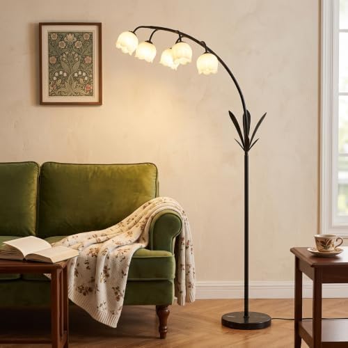 HMVPL Black Floor Lamp for Living Room, Flower Floor Lamp with 5 G9 LED Bulbs, Foot Switch, Arc Standing Lamp with Acrylic Shade,Marble Base, Cute Tall Lamp for Living Room Corner Bedroom Reading Home - Image 3